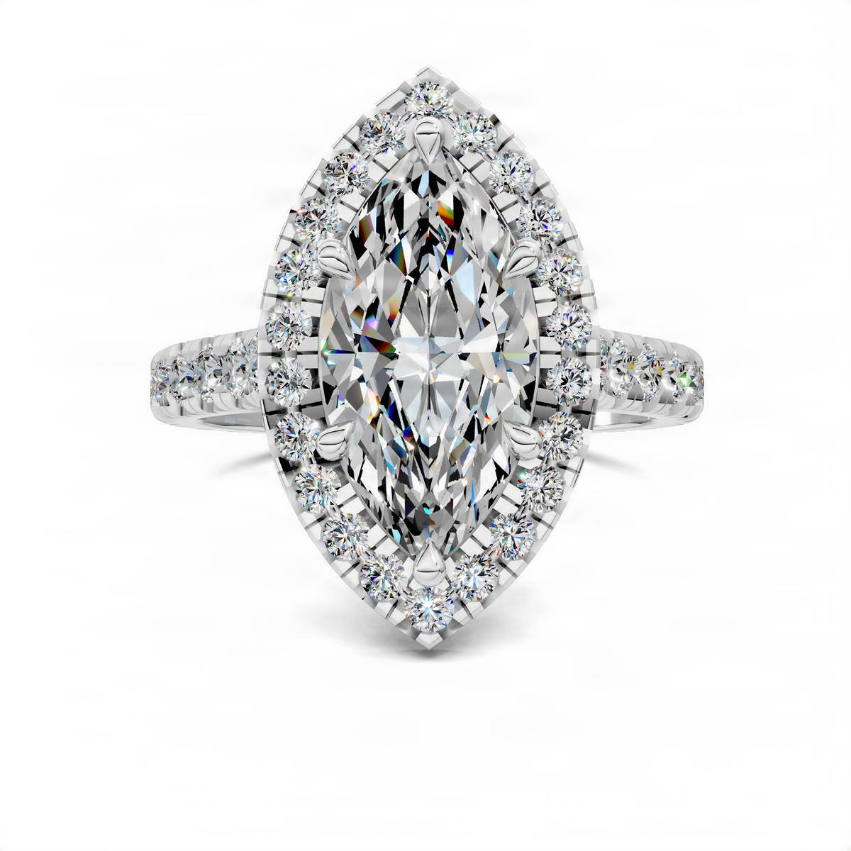Marquise halo cathedral ring in white metal with large marquise center diamond and side stones.
