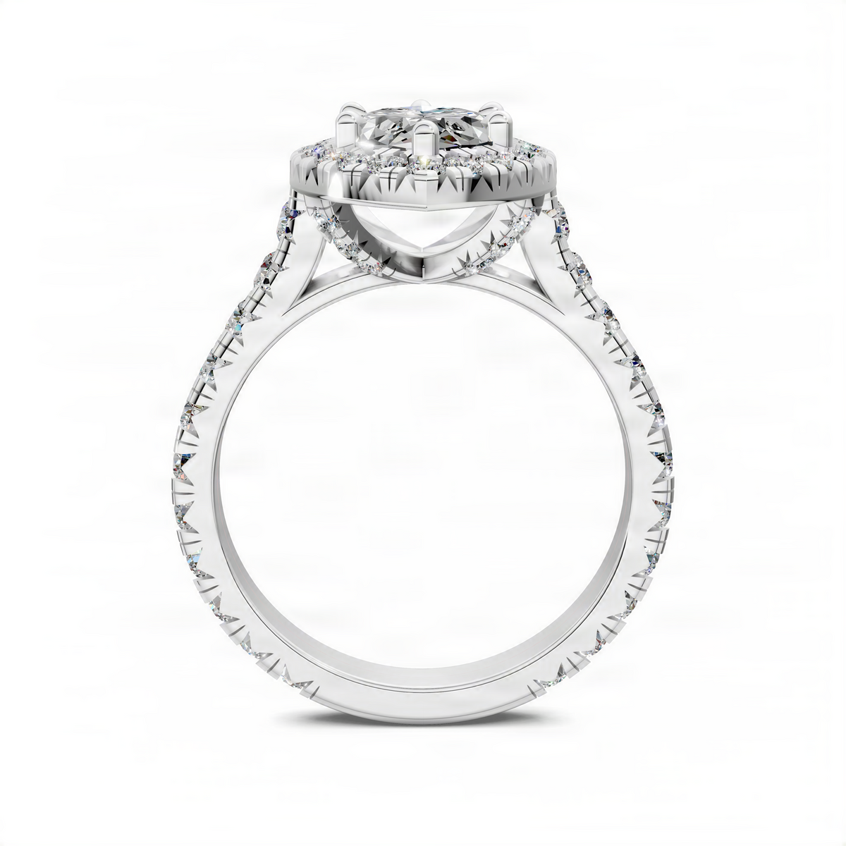 Marquise halo cathedral ring, side view with pavé band and round center stone.