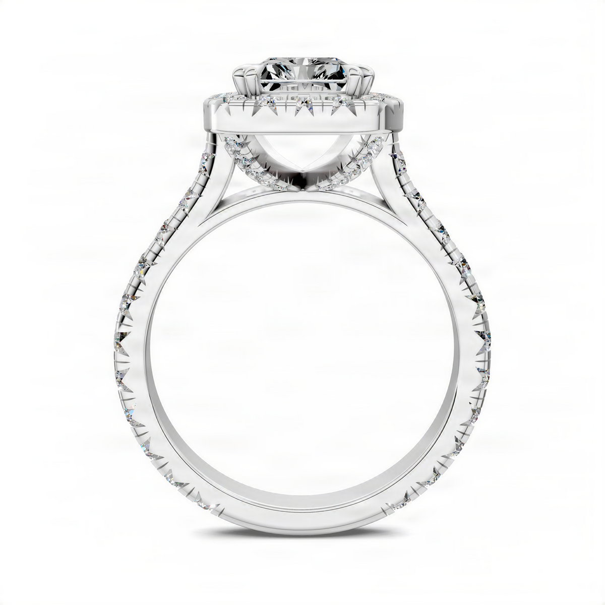 Platinum halo cathedral engagement ring with round center stone and pavé band