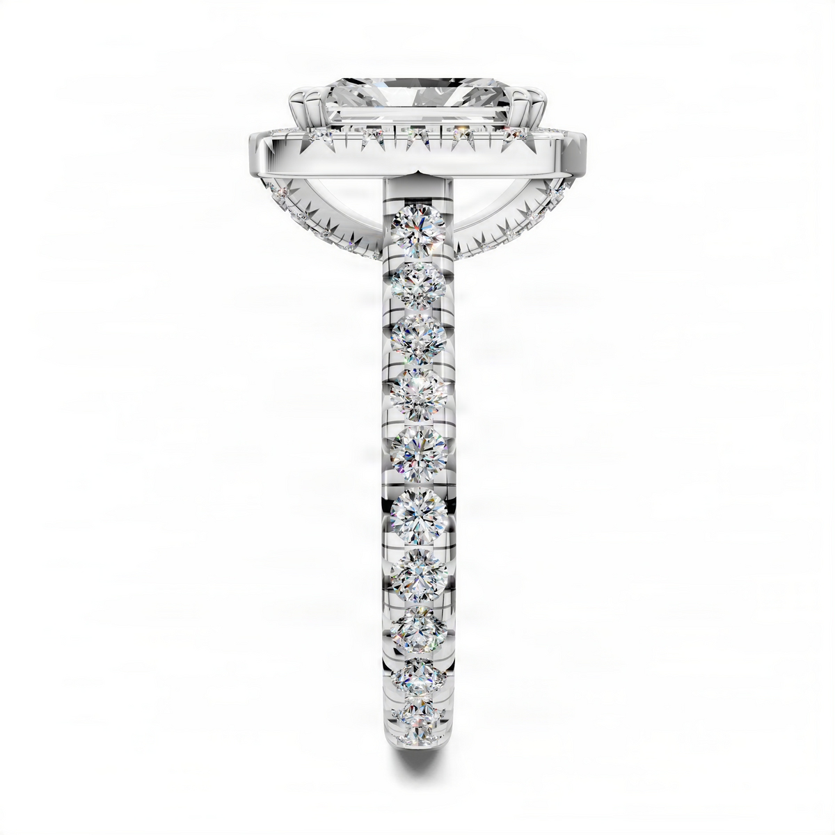 Platinum halo cathedral ring straight view, prong-set center diamond with stacked side stones