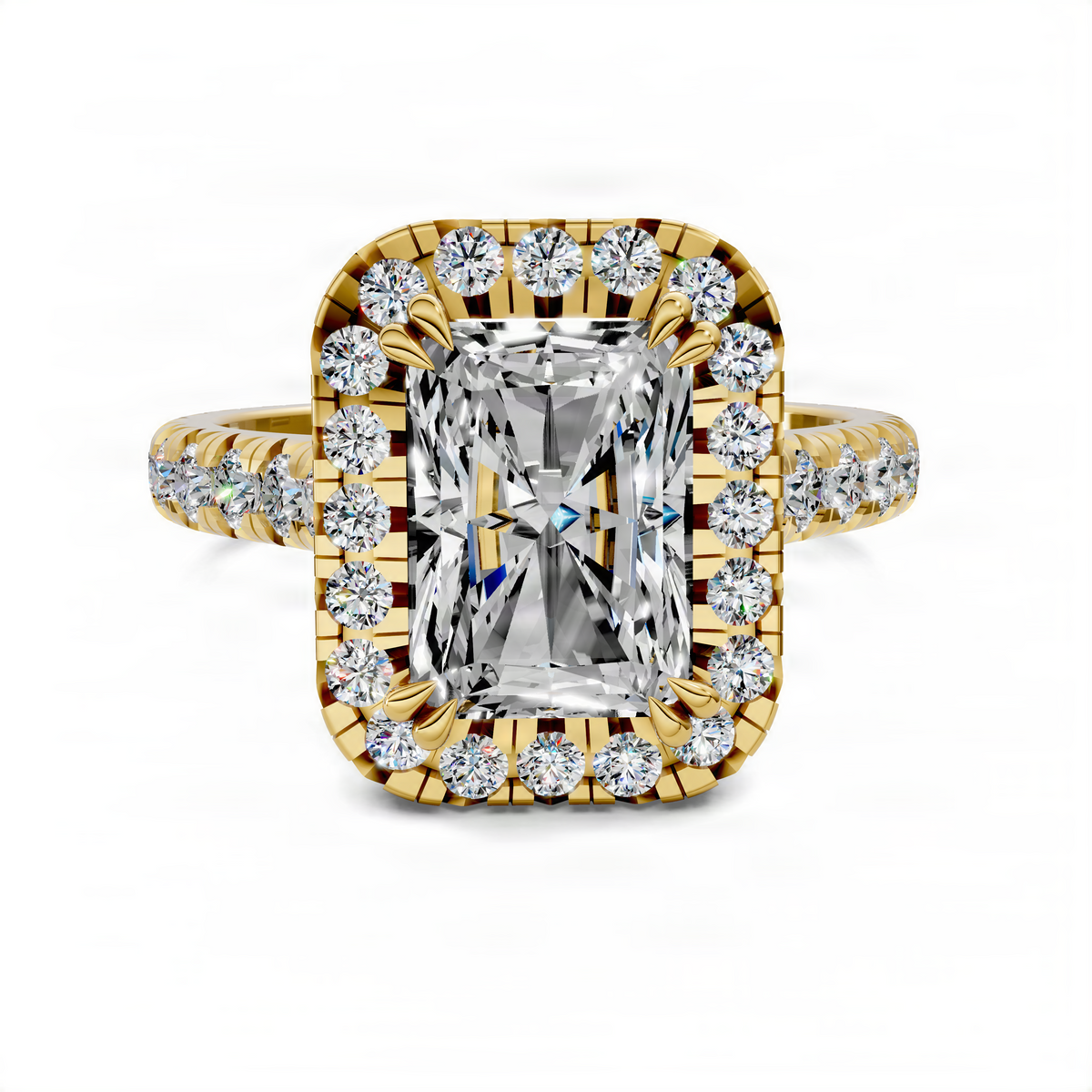 Yellow gold halo cathedral ring with large square center diamond, round halo and side stones