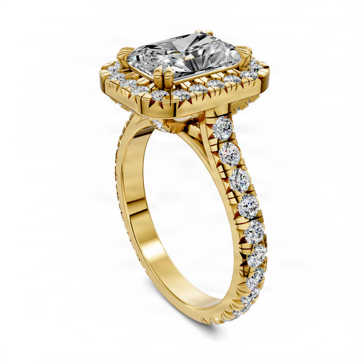 Yellow gold halo cathedral ring angled view, prong-set center diamond with round side stones