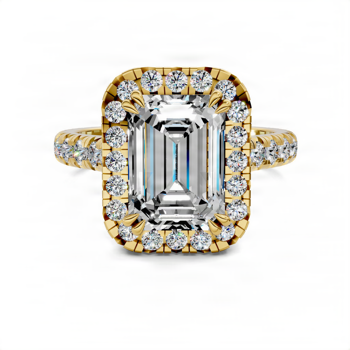 Rose gold halo cathedral ring with emerald-cut center stone and round diamond halo