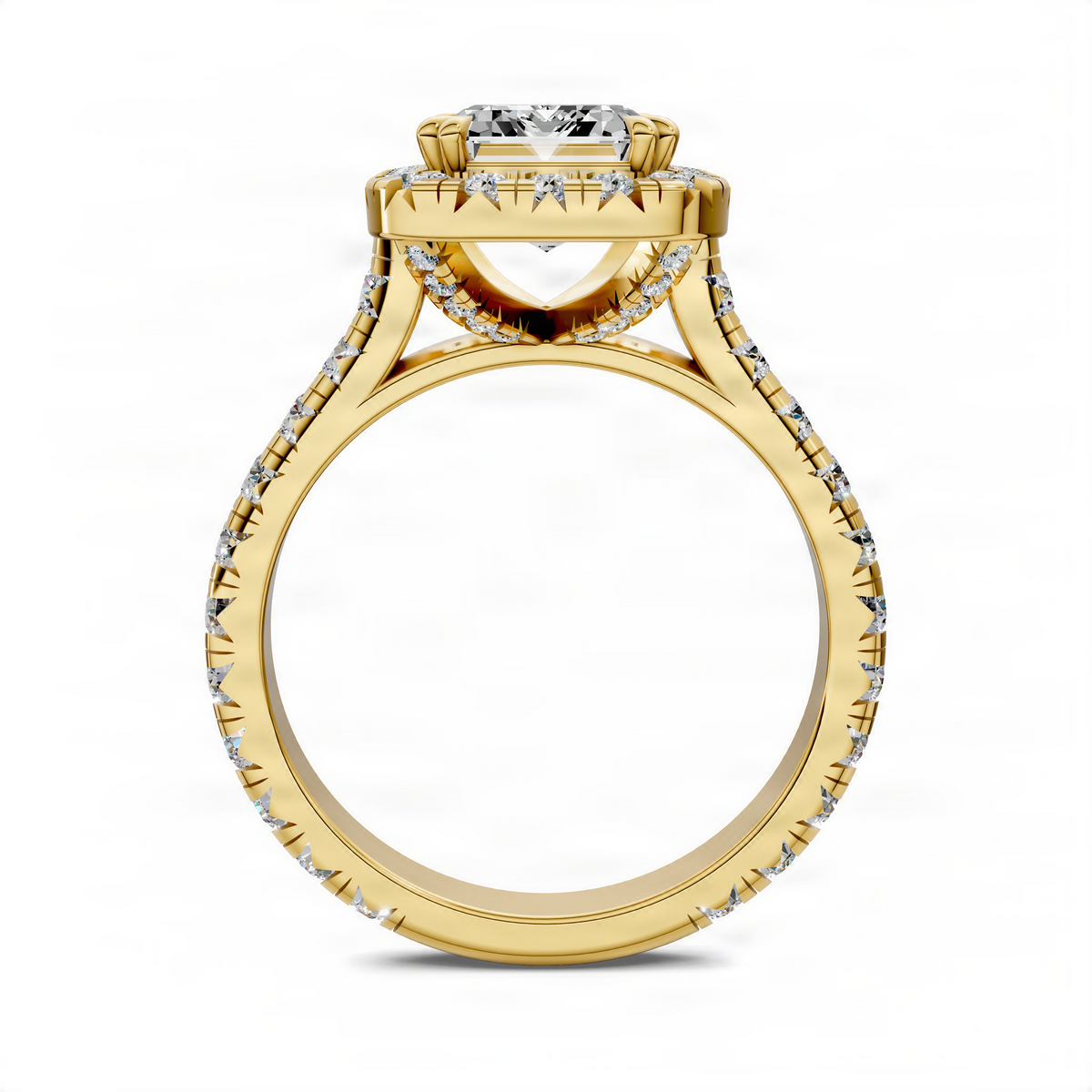Yellow gold halo cathedral ring angled view with round diamond side accents