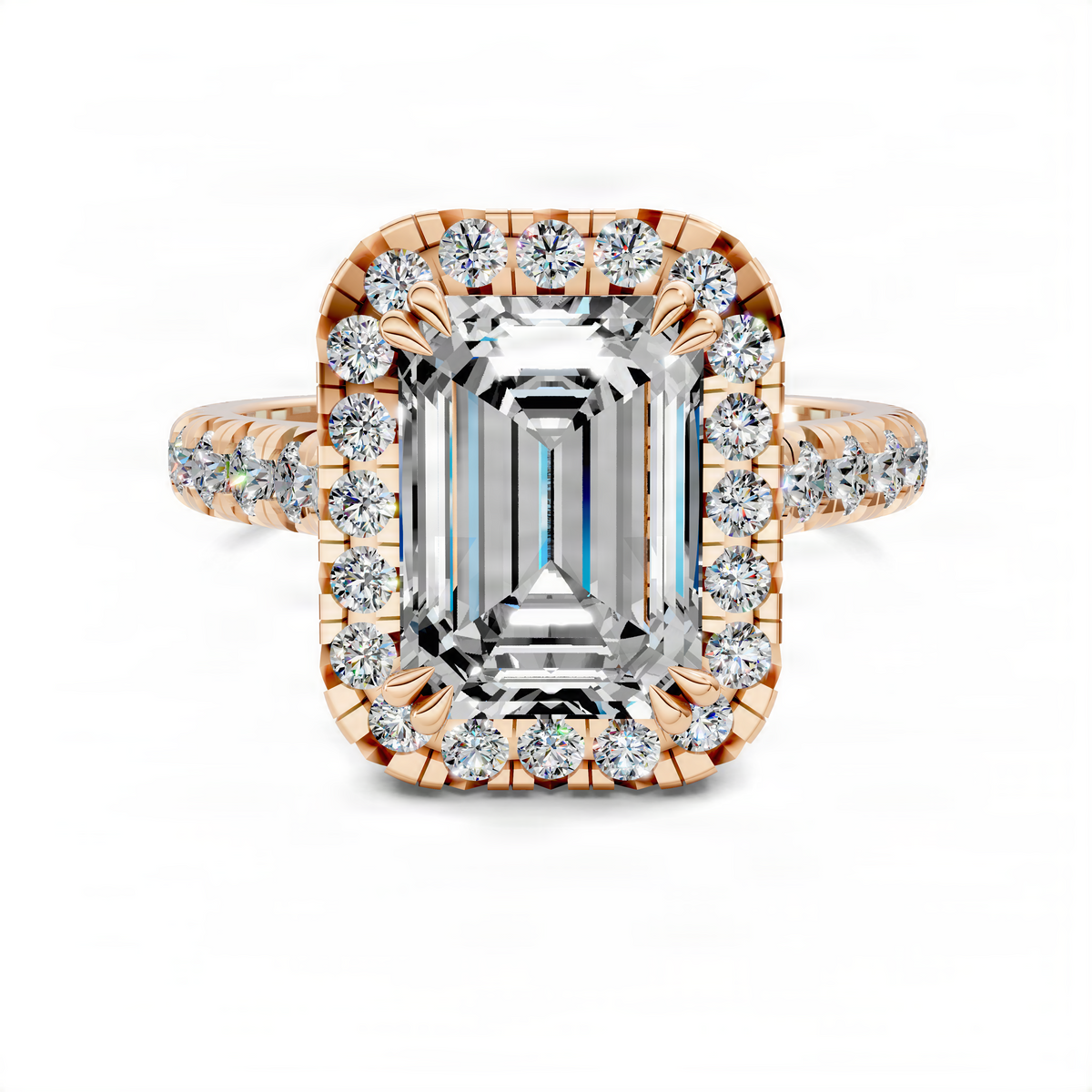 Rose gold halo cathedral ring front view with large emerald-cut center and diamond accents