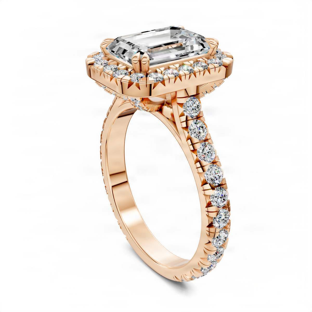 Rose gold halo cathedral ring with emerald-cut center stone and round diamond side stones