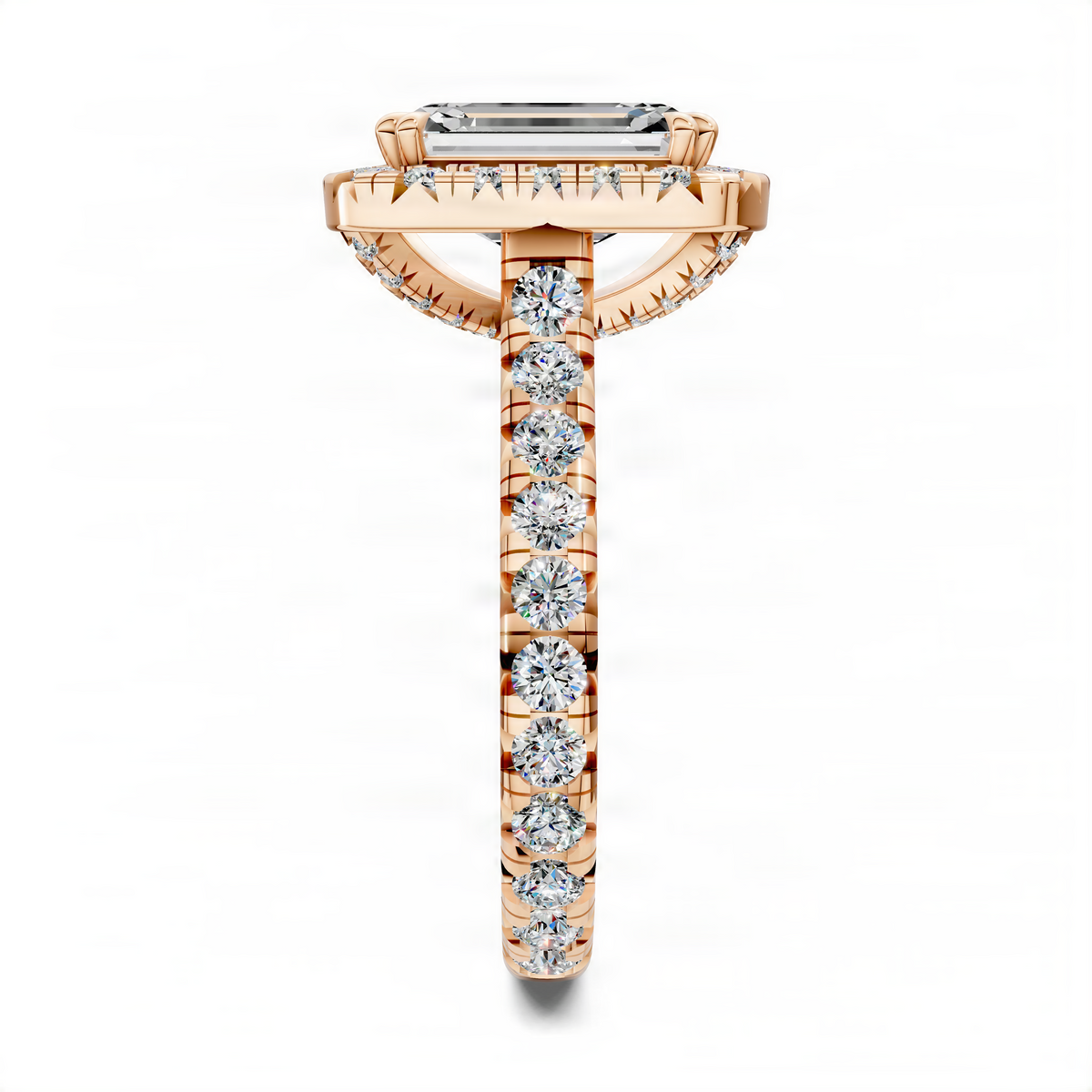 Rose gold cathedral halo ring with emerald-cut center stone and round halo