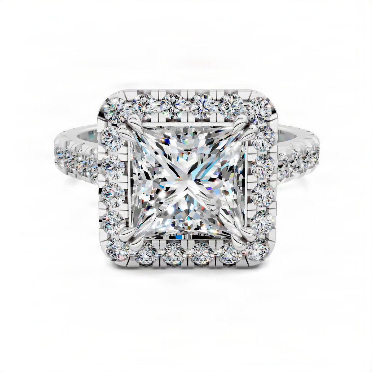 White metal halo cathedral ring with princess-cut center and round diamond border