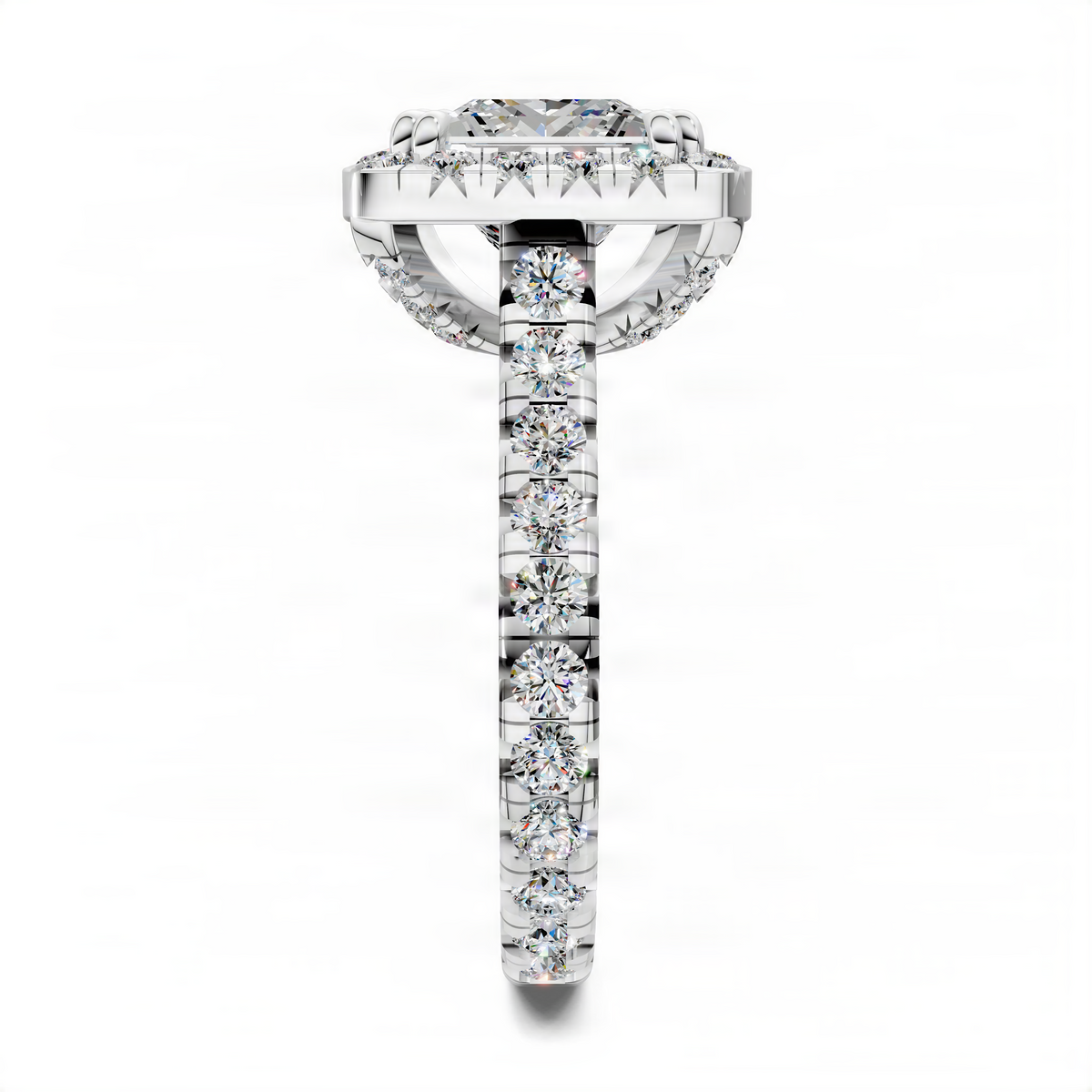 White metal cathedral halo ring with oval center stone and vertical row of diamonds