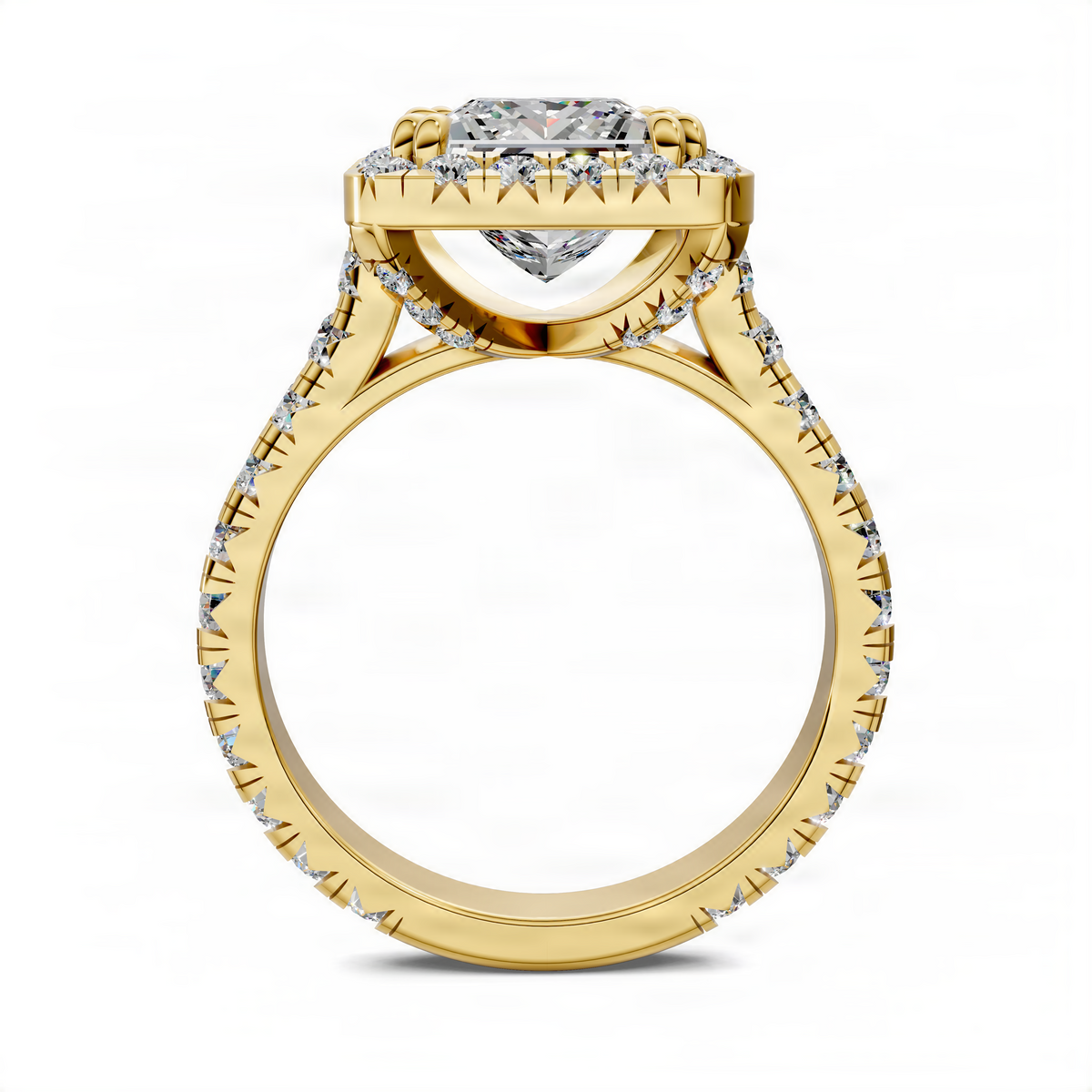 Yellow gold halo cathedral ring with oval center stone and diamond side stones