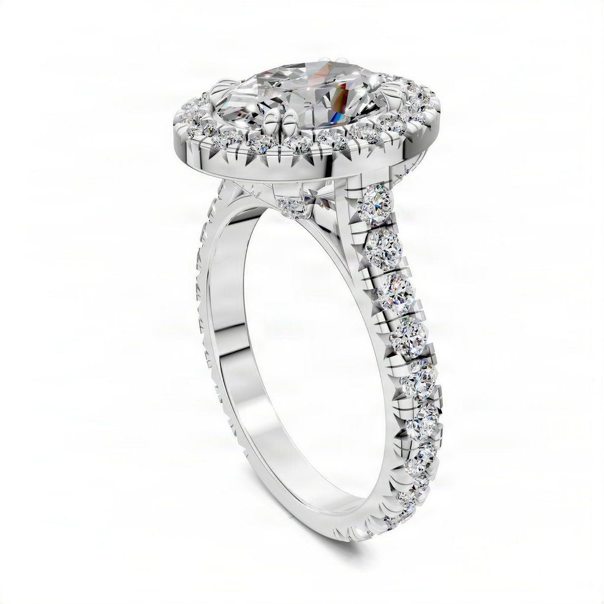 Oval halo cathedral engagement ring with pavé shoulders in white metal