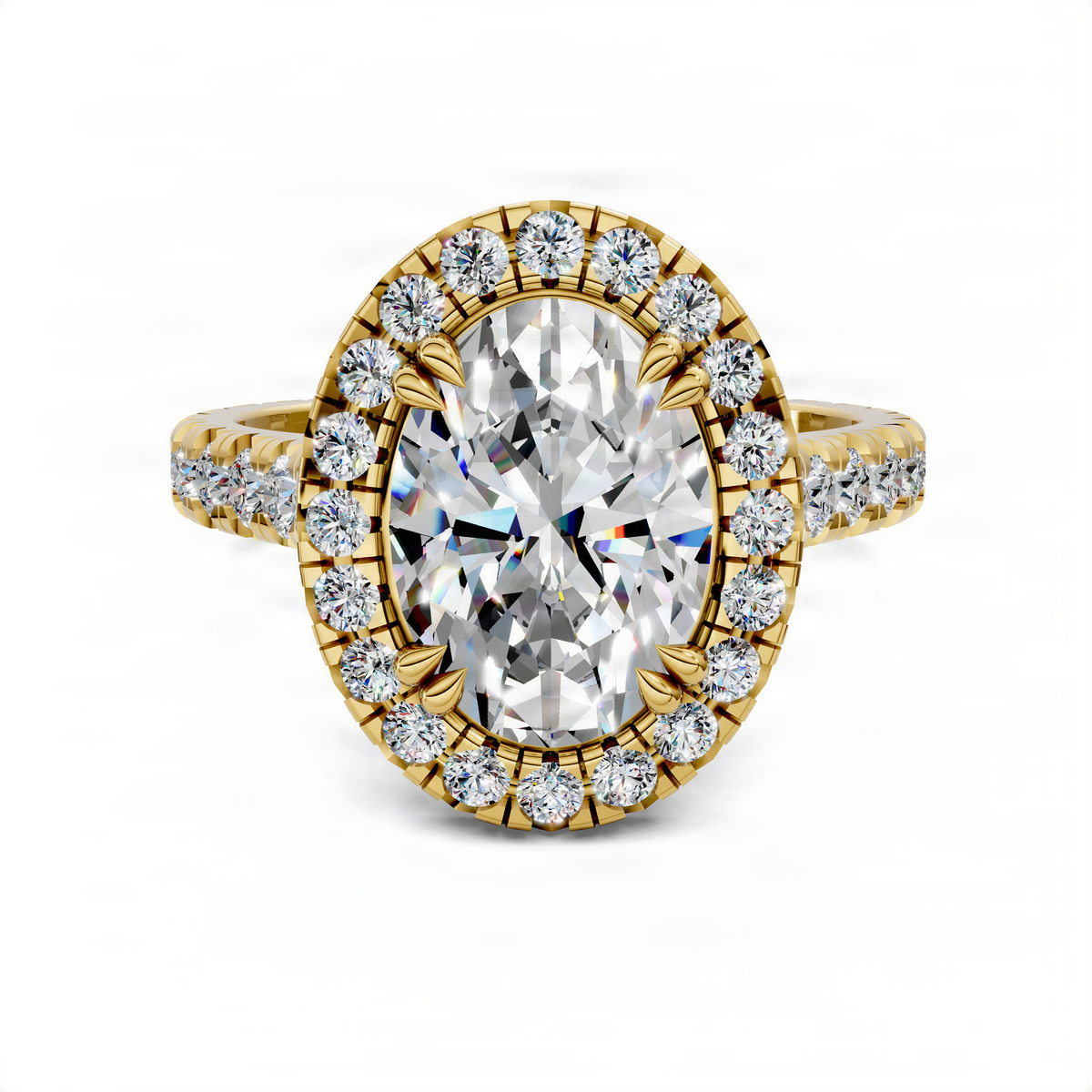 Yellow gold oval halo ring with oval center stone, round diamonds, and cathedral setting