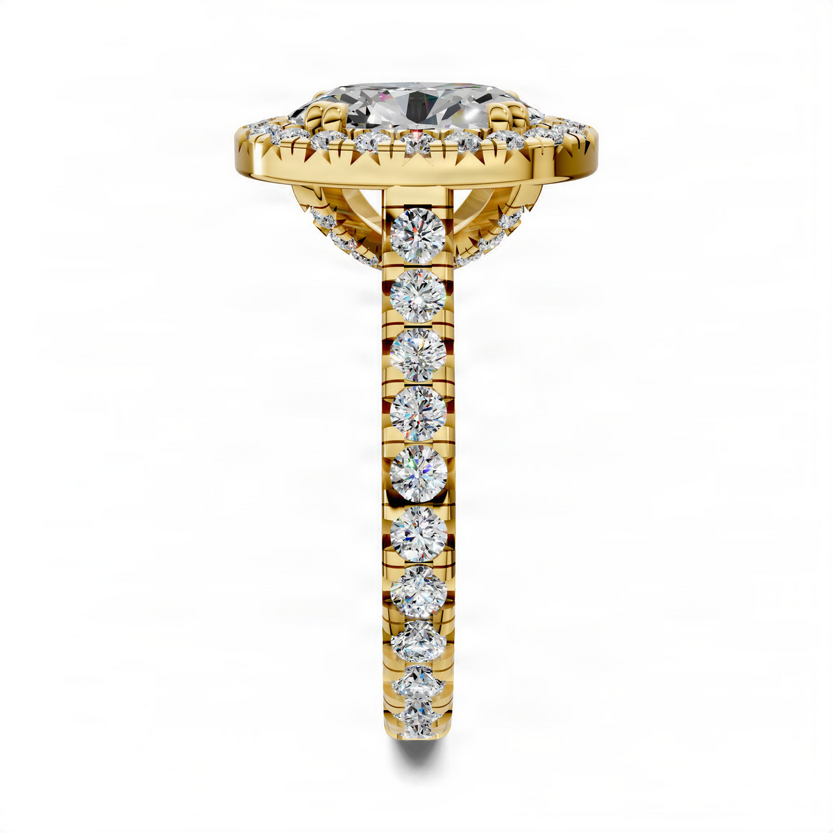 Yellow gold oval halo cathedral ring with oval center stone and round diamond halo