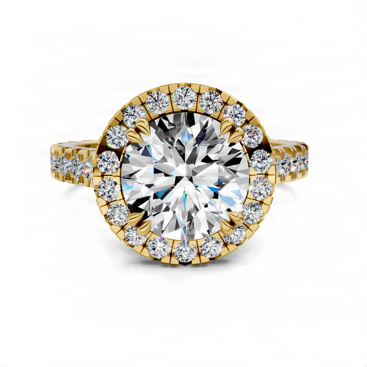 Yellow gold round halo cathedral ring with large center stone