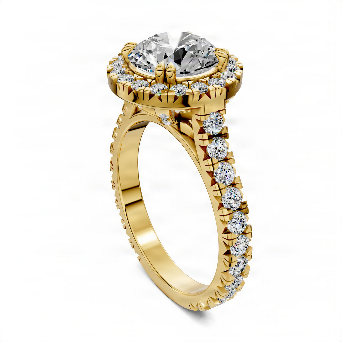 Yellow gold cathedral halo diamond ring with vertical row of round side stones