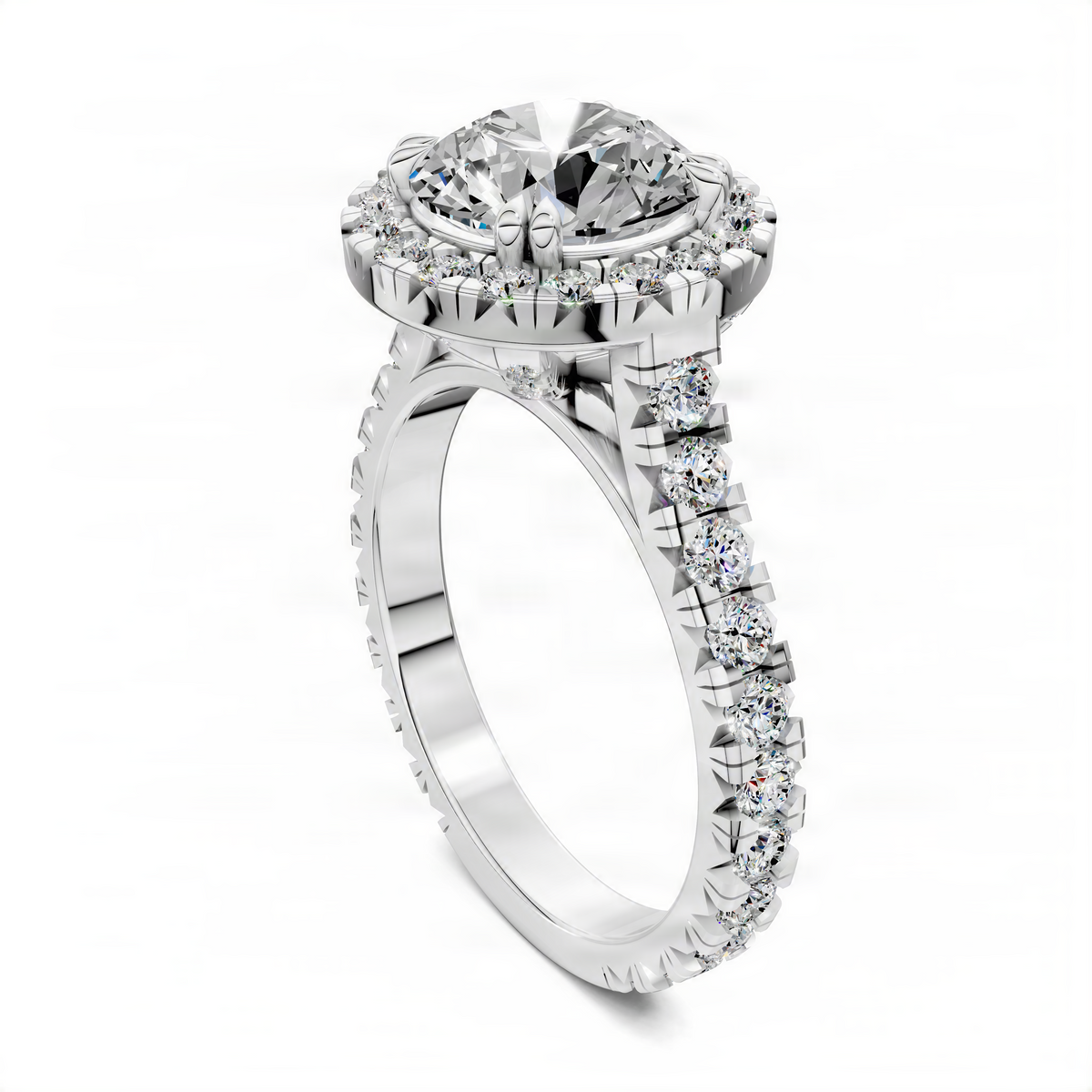White gold cathedral halo diamond ring with vertical row of round side stones