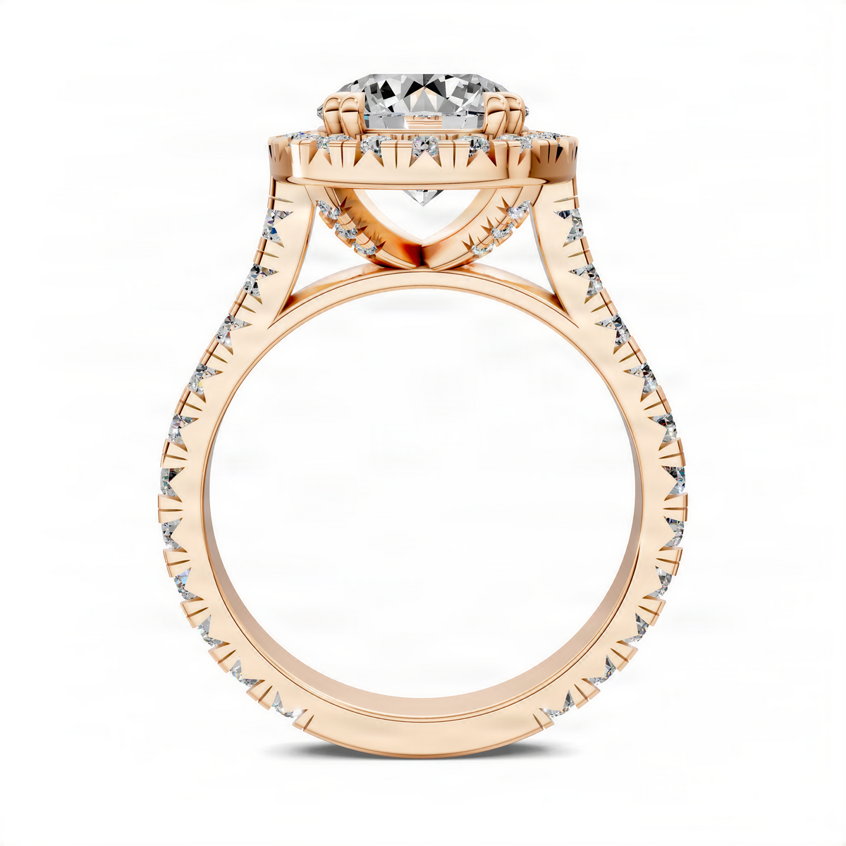 Rose gold halo cathedral ring with round center stone, side profile
