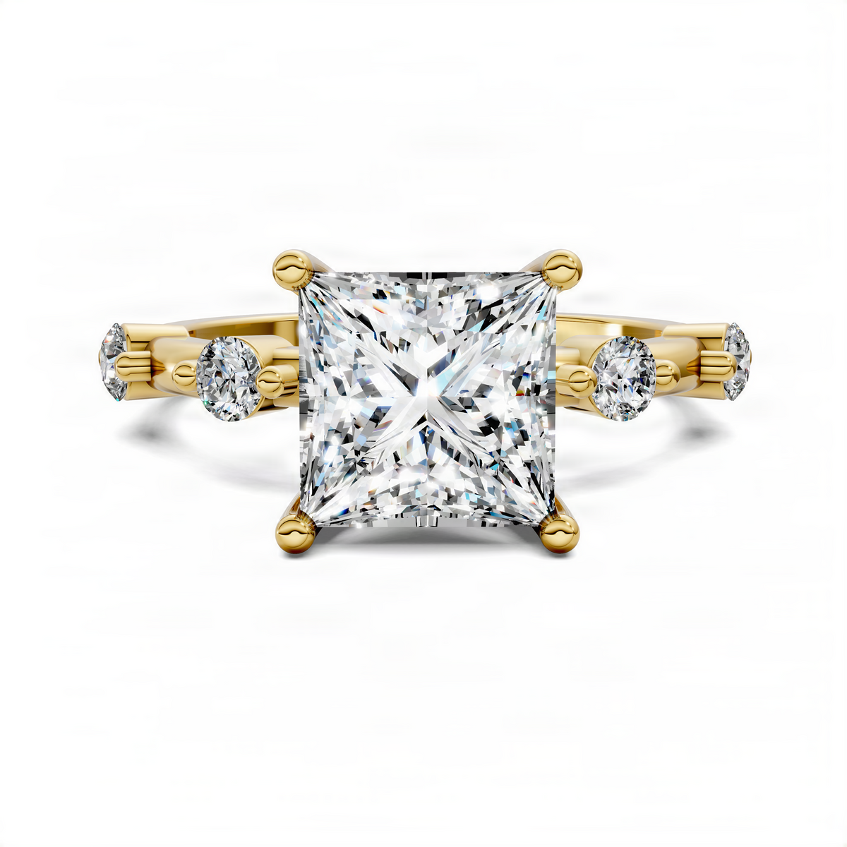 Princess-cut diamond center on a gold accent ring with round side stones, open basket