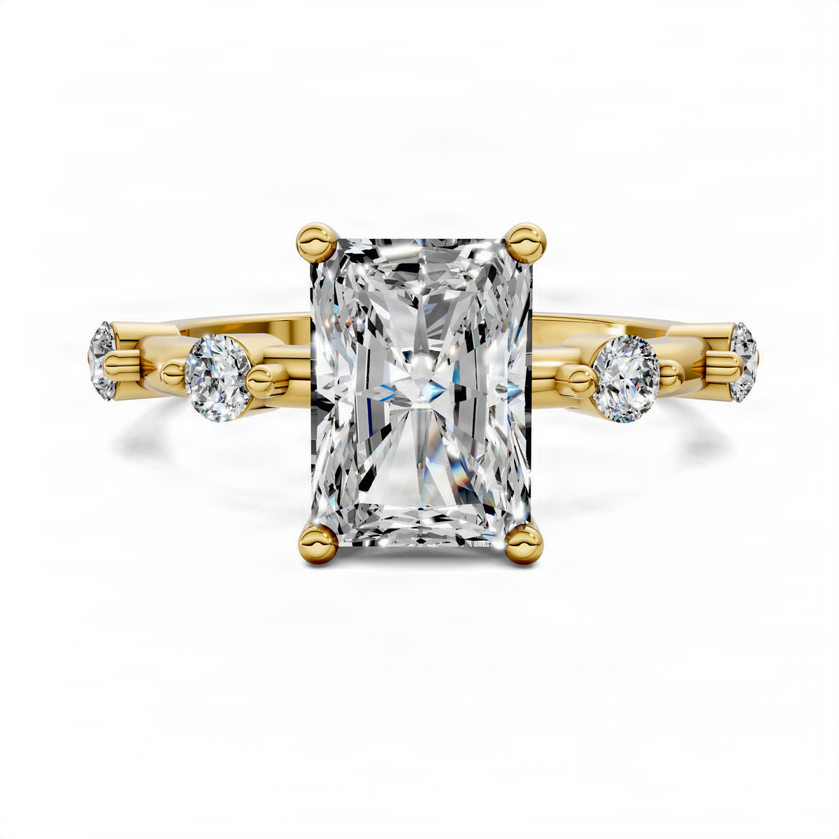 Yellow gold radiant accent ring with square center diamond and round side stones