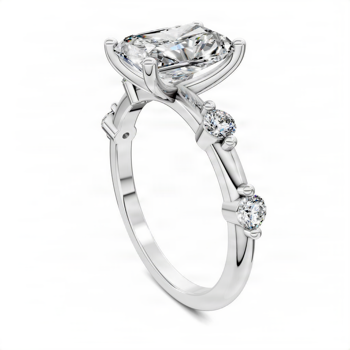 White gold radiant accent ring with square center stone and round diamond accents