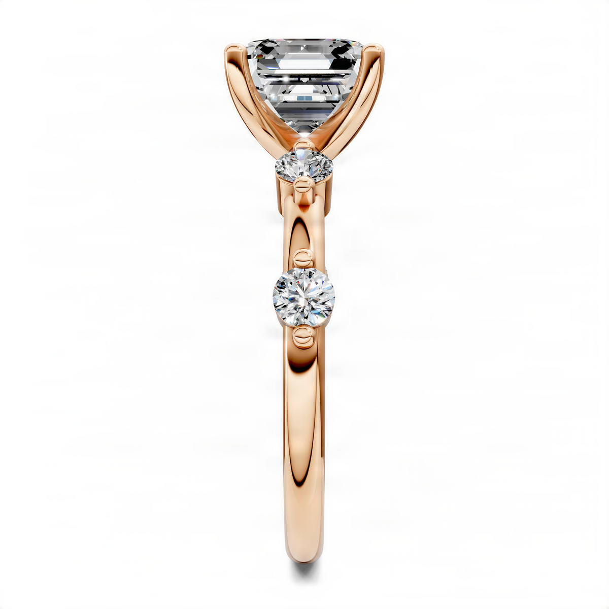 Rose gold ring with an Asscher-cut center stone and two round diamond accents