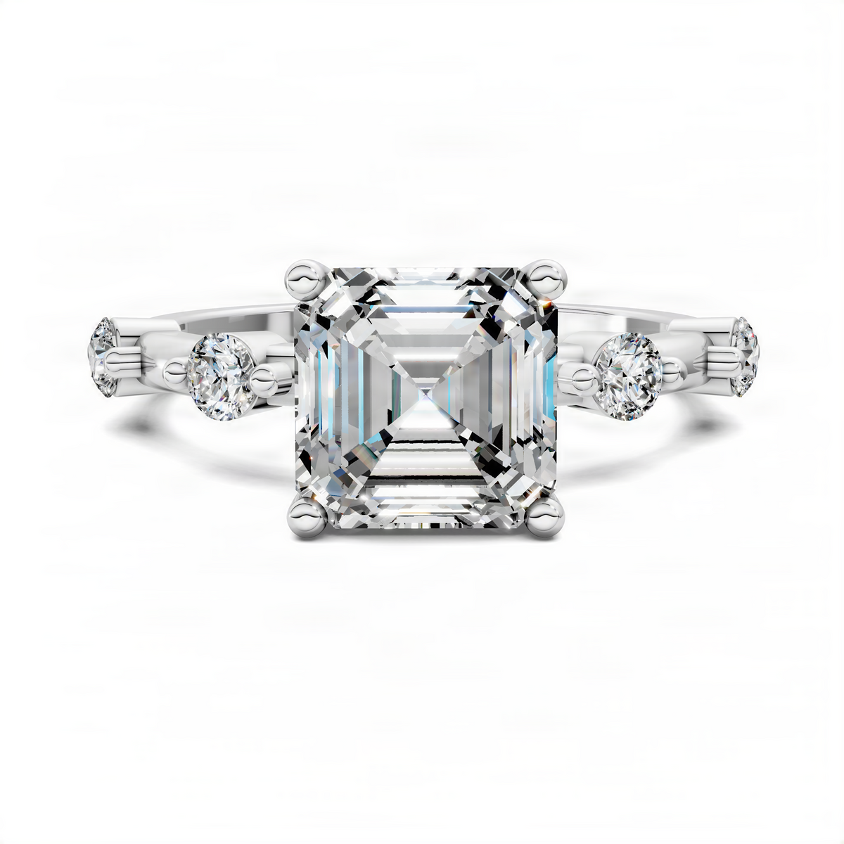 White gold Asscher-cut center stone ring with round side diamonds and detailed prongs