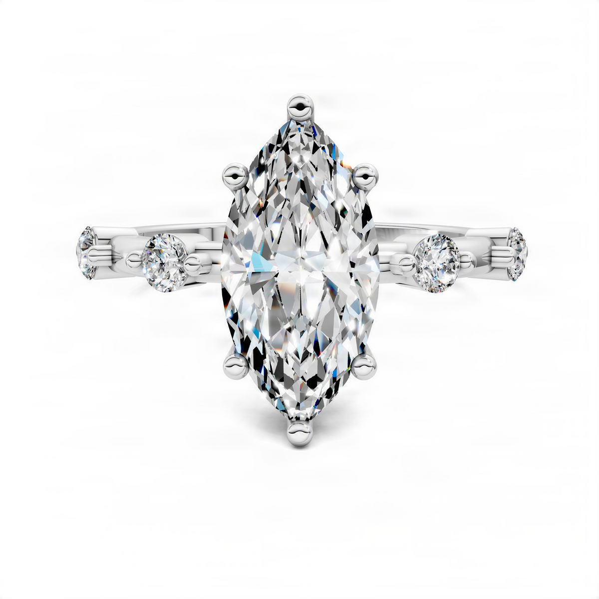 Platinum-colored marquise solitaire ring with round side diamonds and prong-set bezel