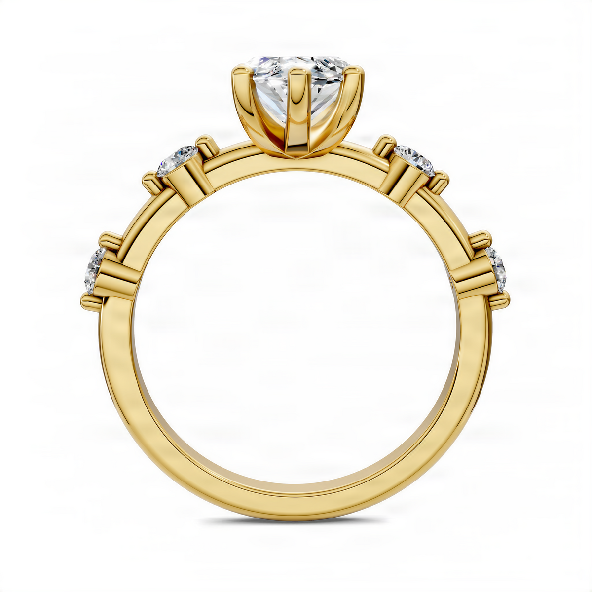Yellow gold marquise engagement-style ring with small round stones on band