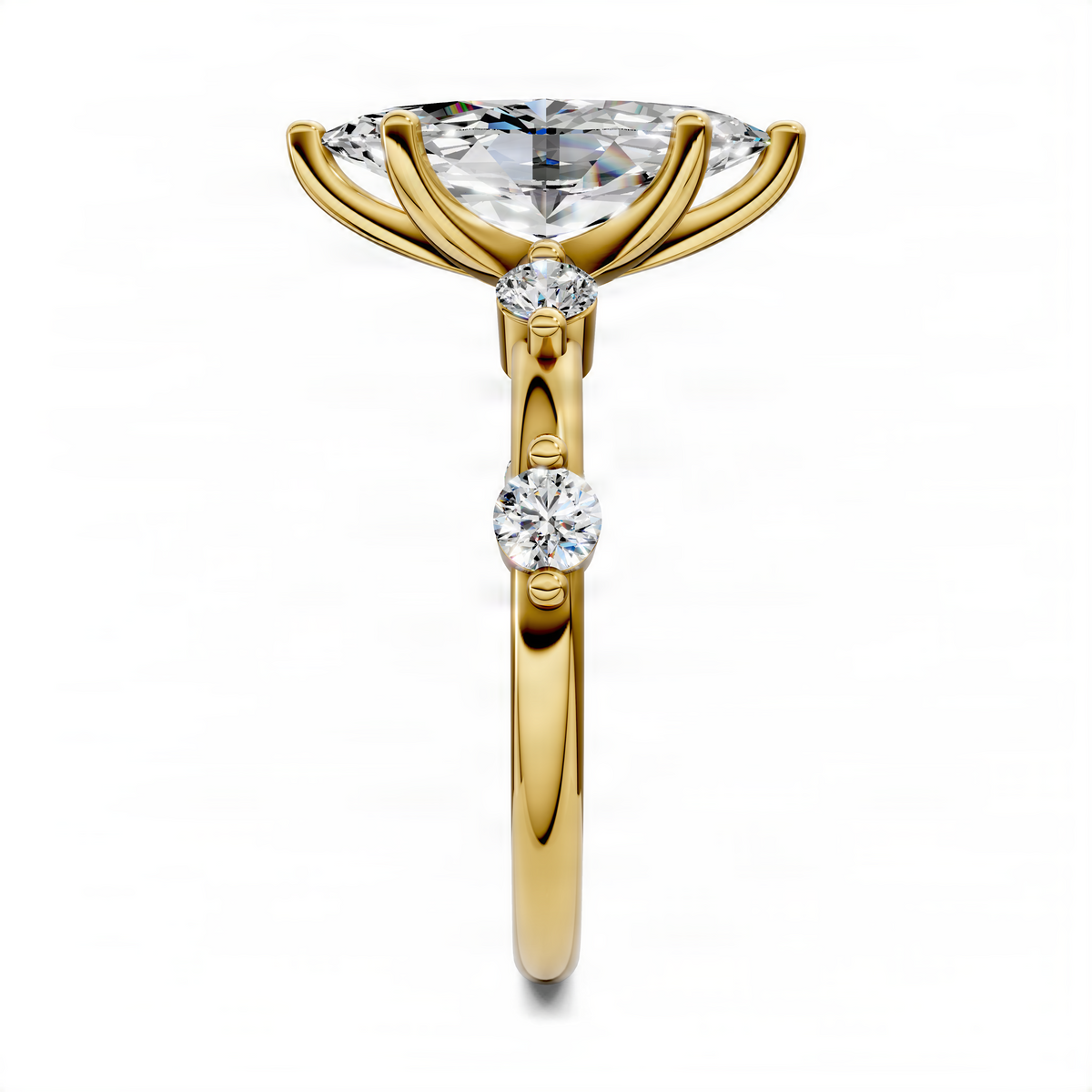 Yellow gold marquise center ring with round diamond accents and sculpted prongs