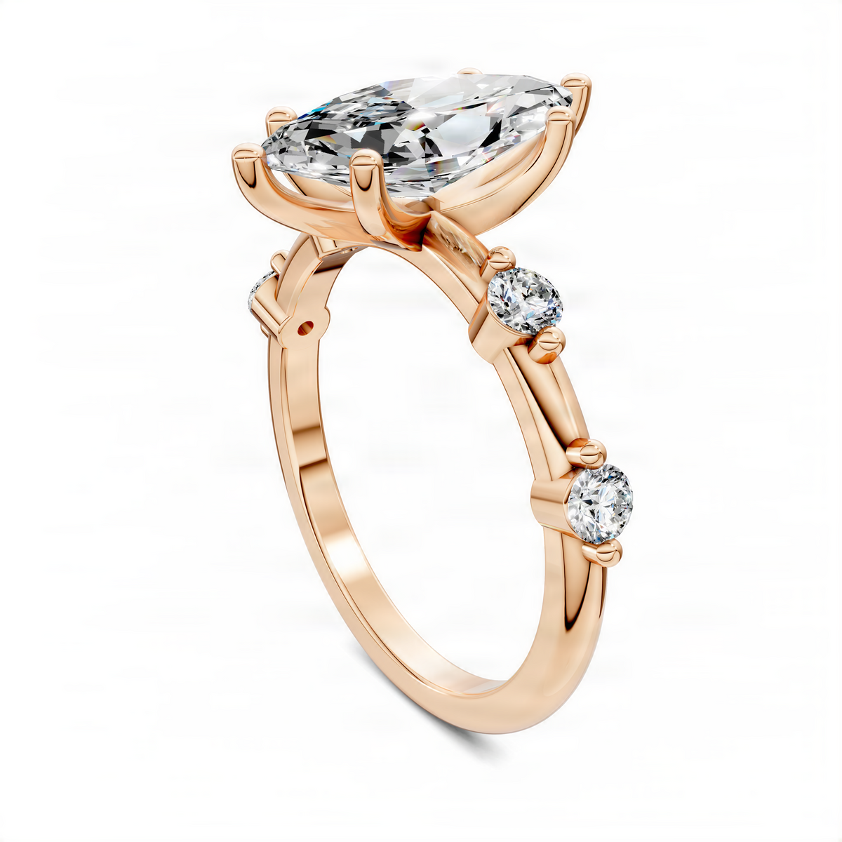 Rose gold marquise center ring with round side diamonds and sculpted openwork prongs
