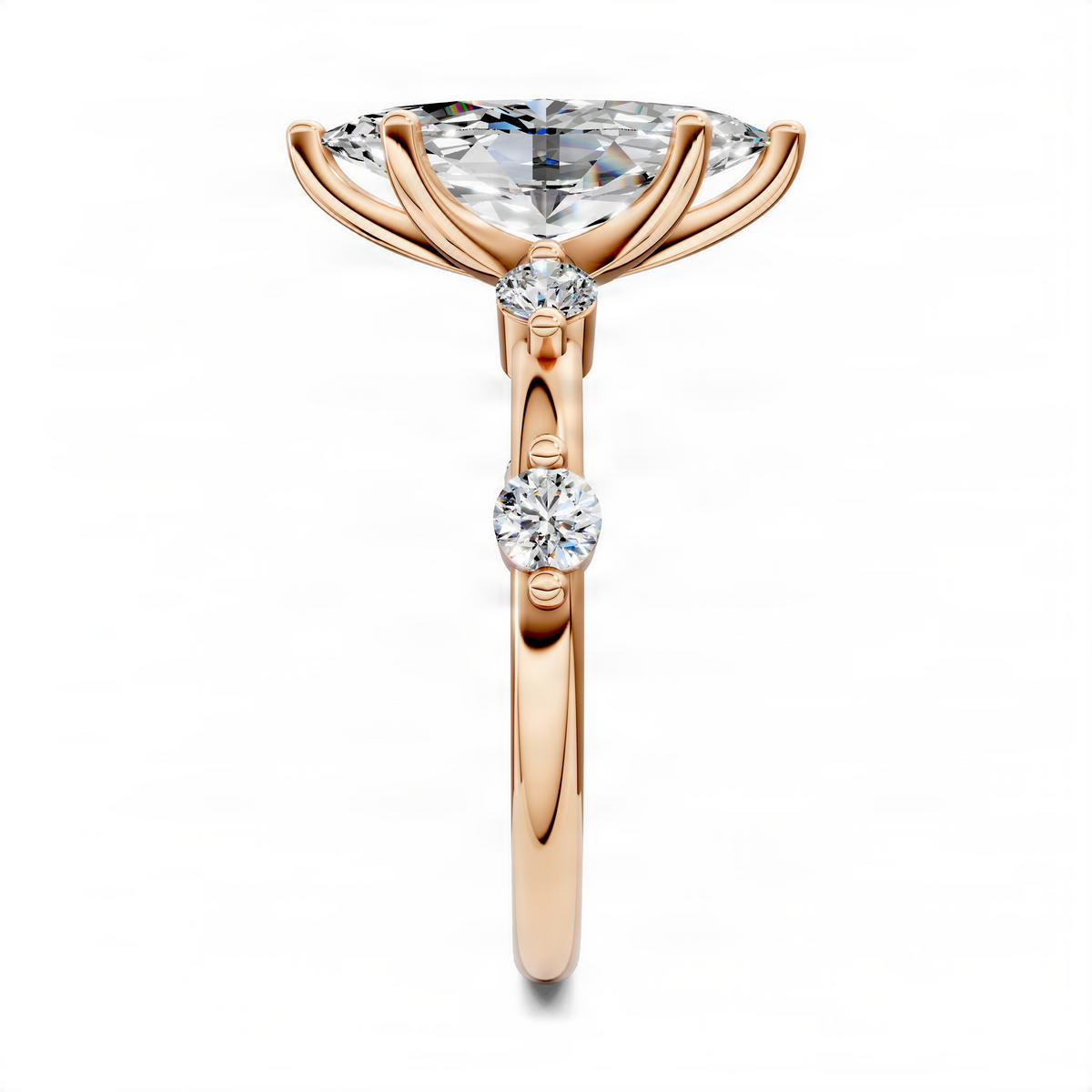 Rose gold marquise center ring with round diamond accents and polished bezel-like prongs