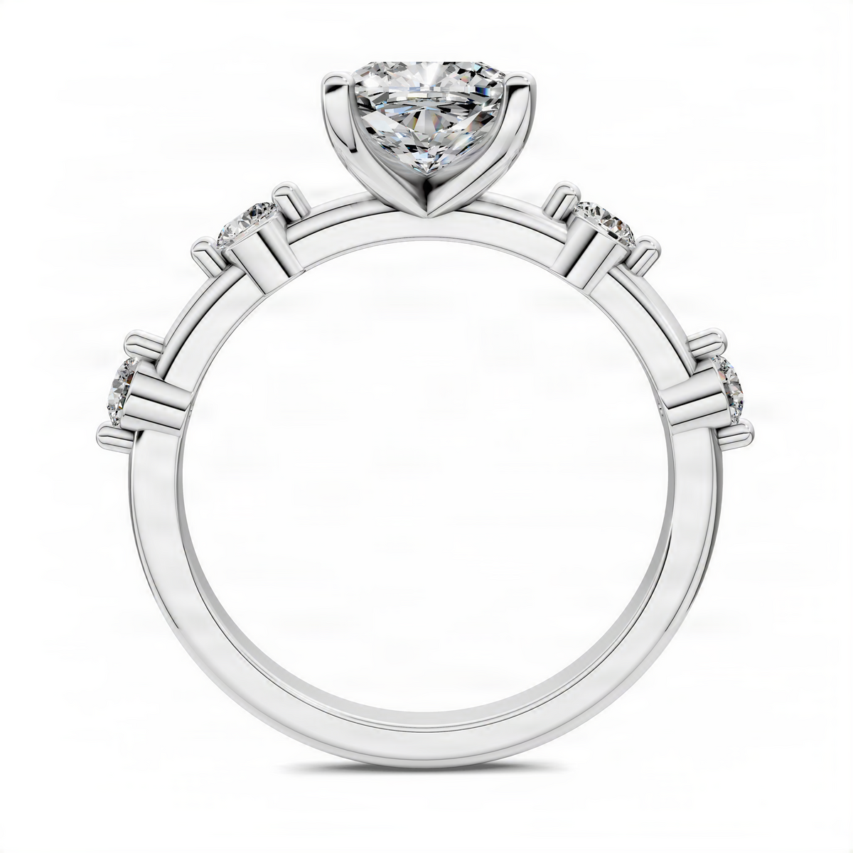 White gold cushion-cut center accent ring with small stones on curved shoulders