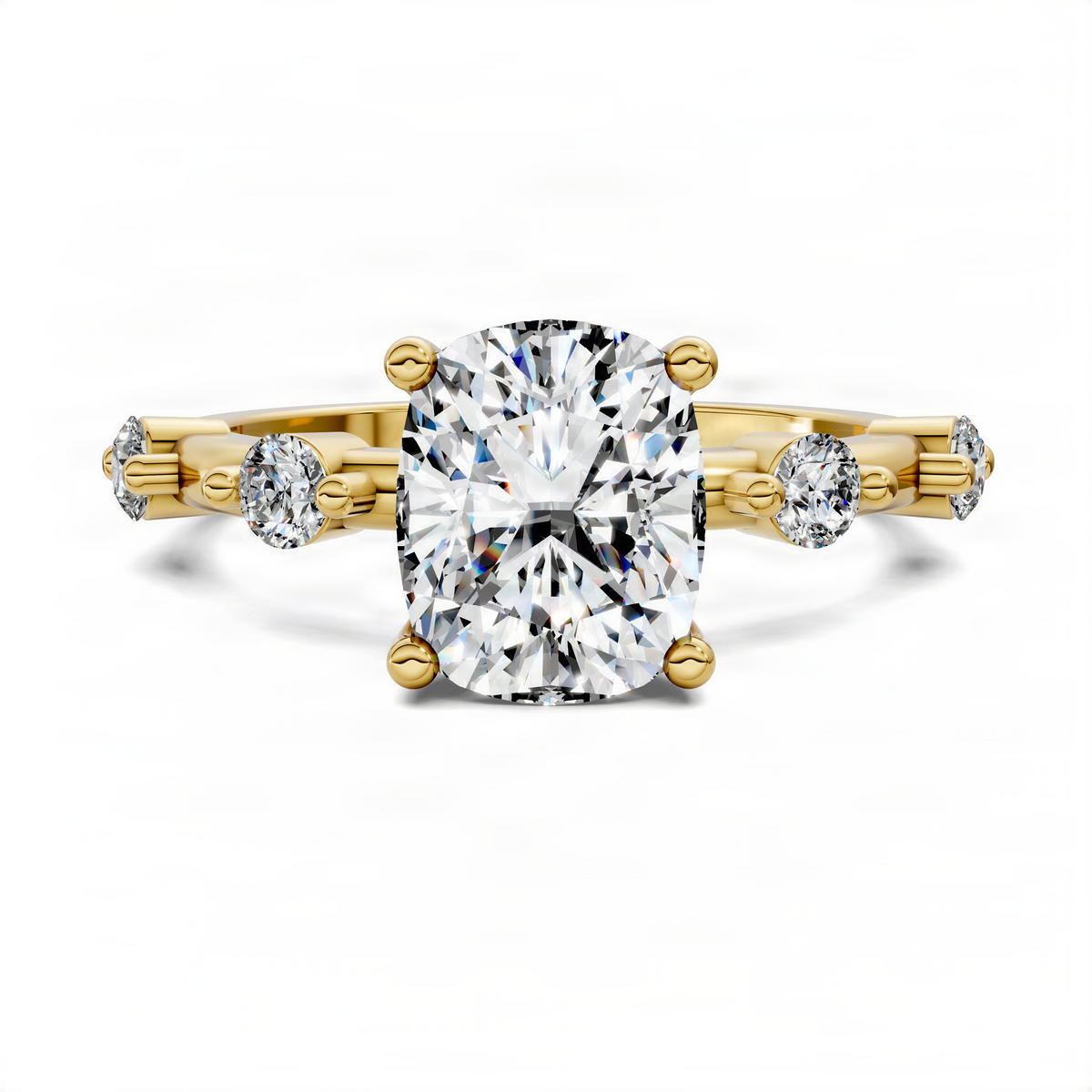 Yellow gold cushion-cut diamond accent ring with round side diamonds