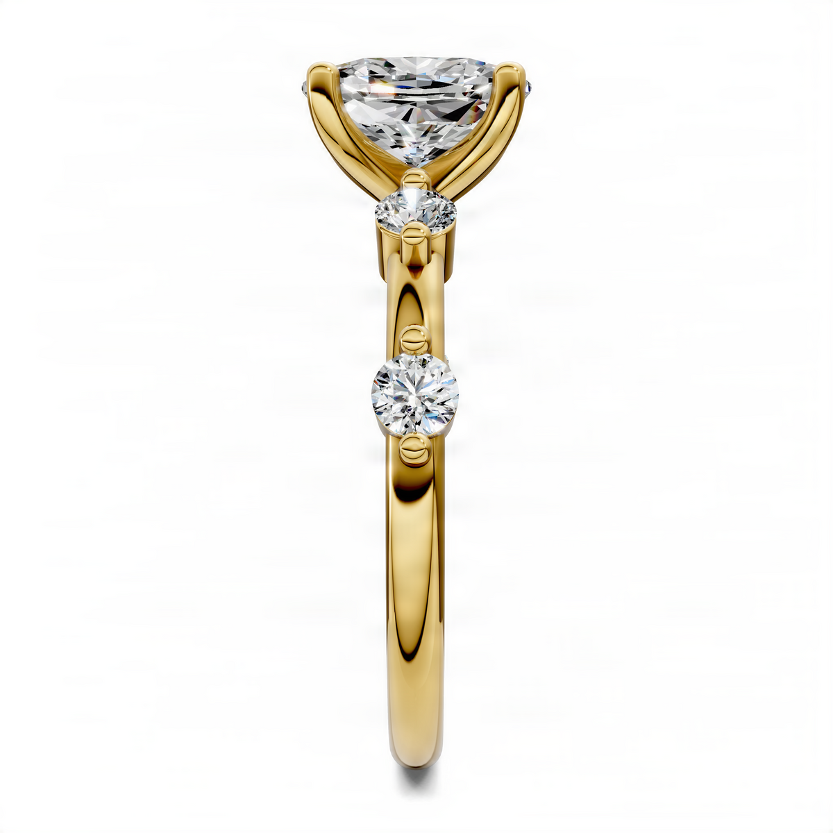 Yellow gold cushion-cut diamond ring with vertical three-stone profile