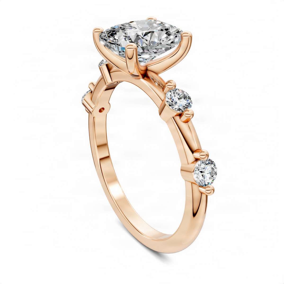 Rose gold cushion-cut center ring with three sparkling accent stones on band