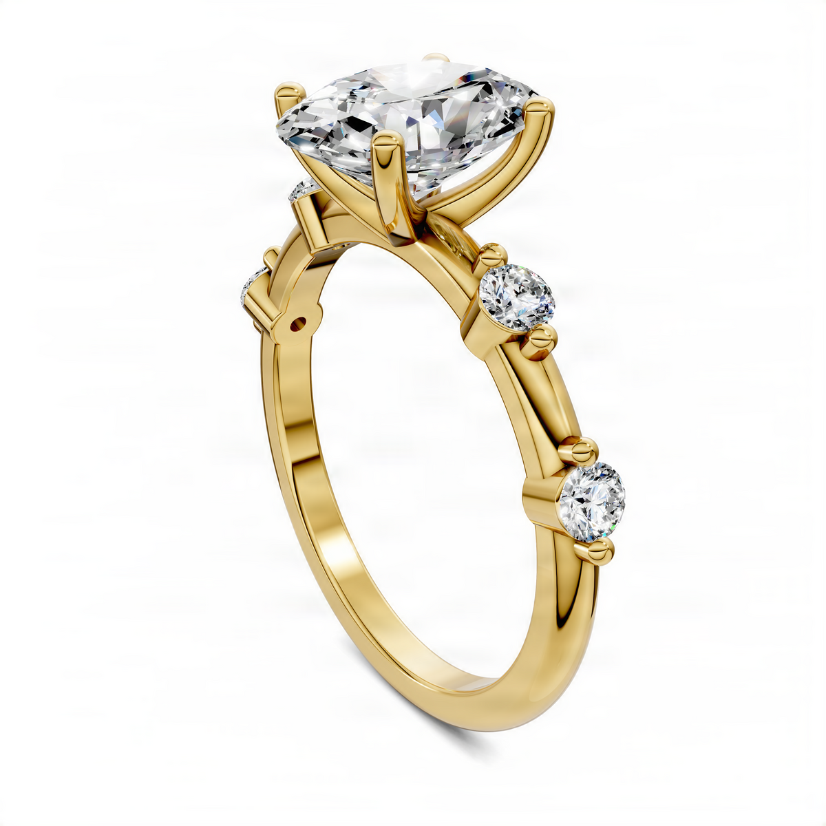 Yellow gold oval center engagement ring with round side stones and curved band