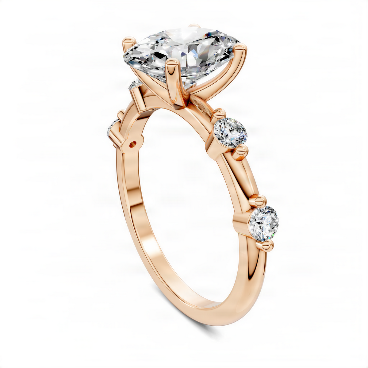 Rose gold oval accent ring with large oval center stone and three round side stones