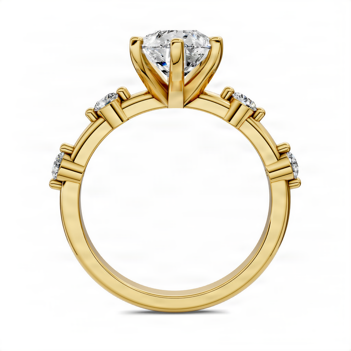 Yellow gold pear accent ring with pear center stone and halo-style side stones