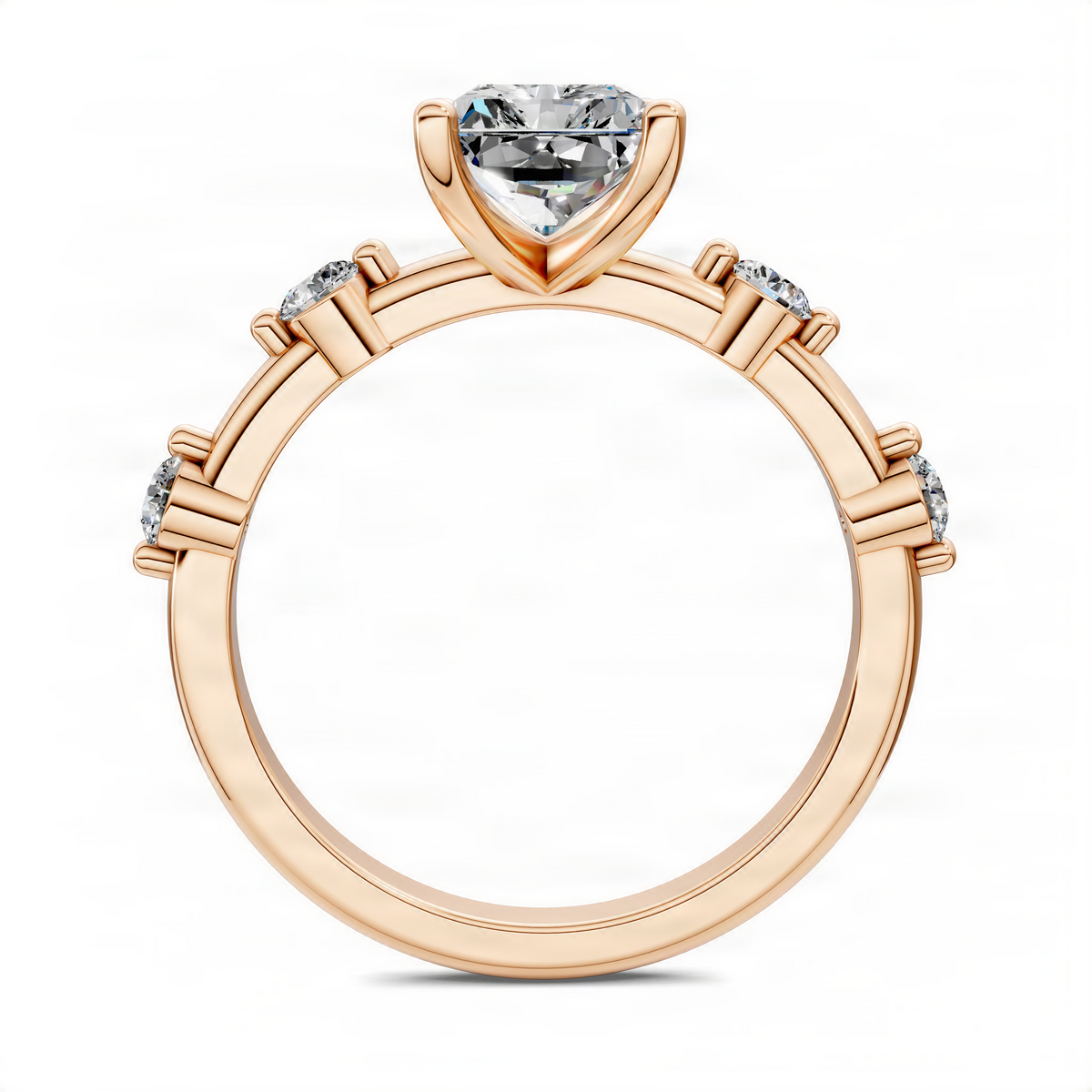 Rose gold round accent ring with square-cut center stone and small round side stones