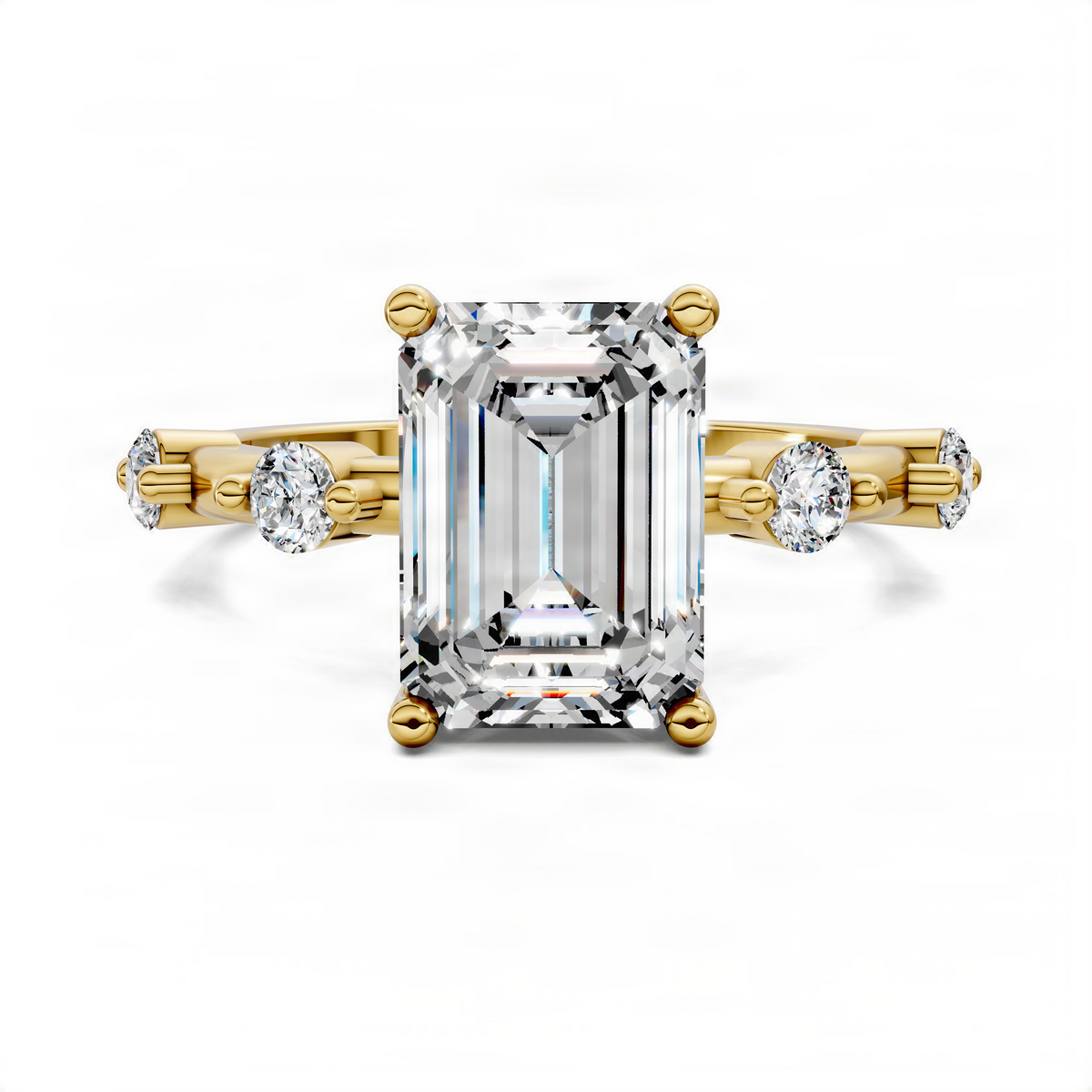 Gold-tone ring with large emerald-cut center stone, round side stones, and prongs