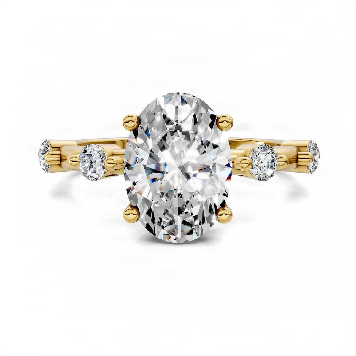 Yellow gold round accent ring with large center stone, two side diamonds, and halo details