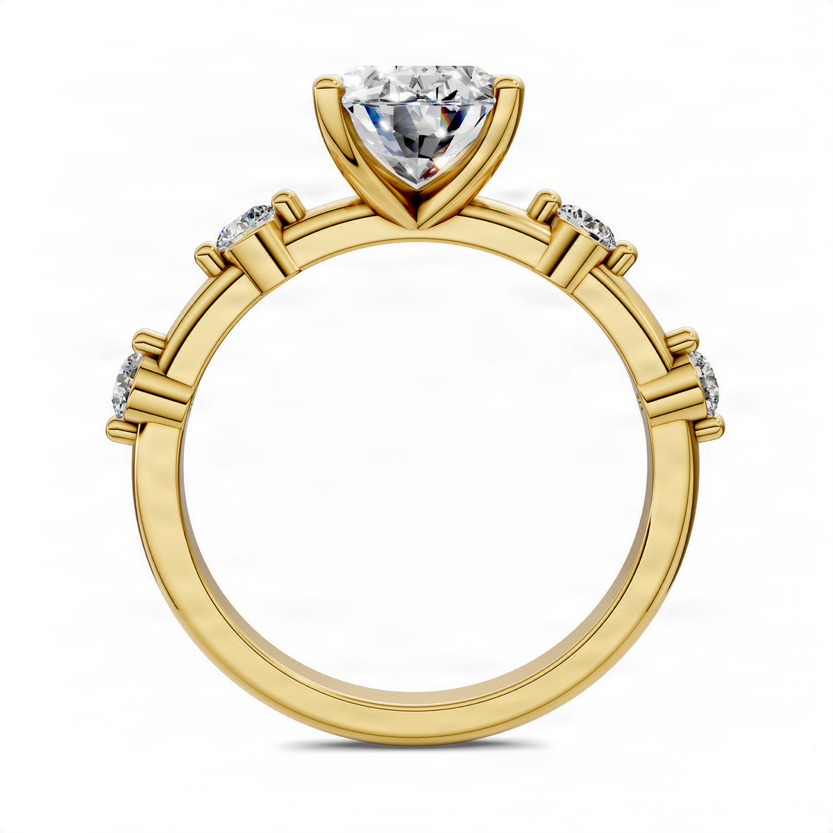 Yellow gold round accent ring band with large center stone and side diamond accents