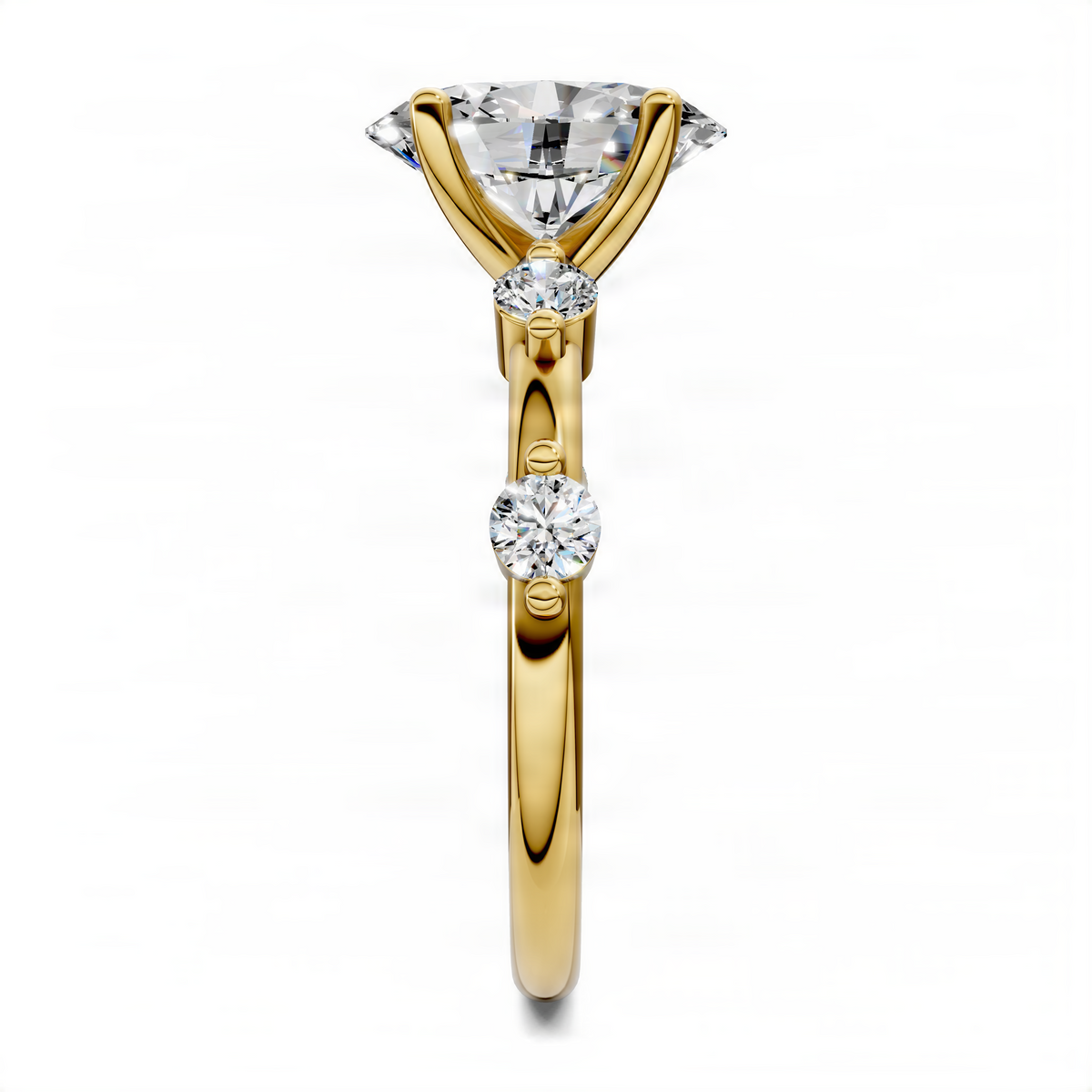 Yellow gold round accent ring with large center stone and one lower diamond