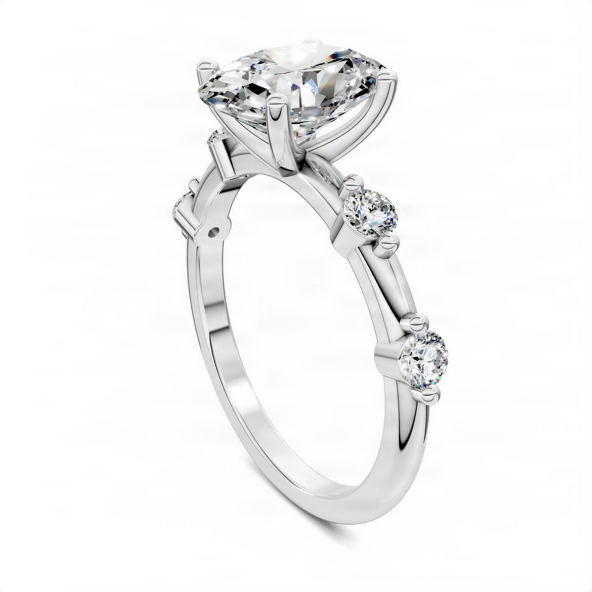 Round accent ring in white metal with large center stone and three accent diamonds