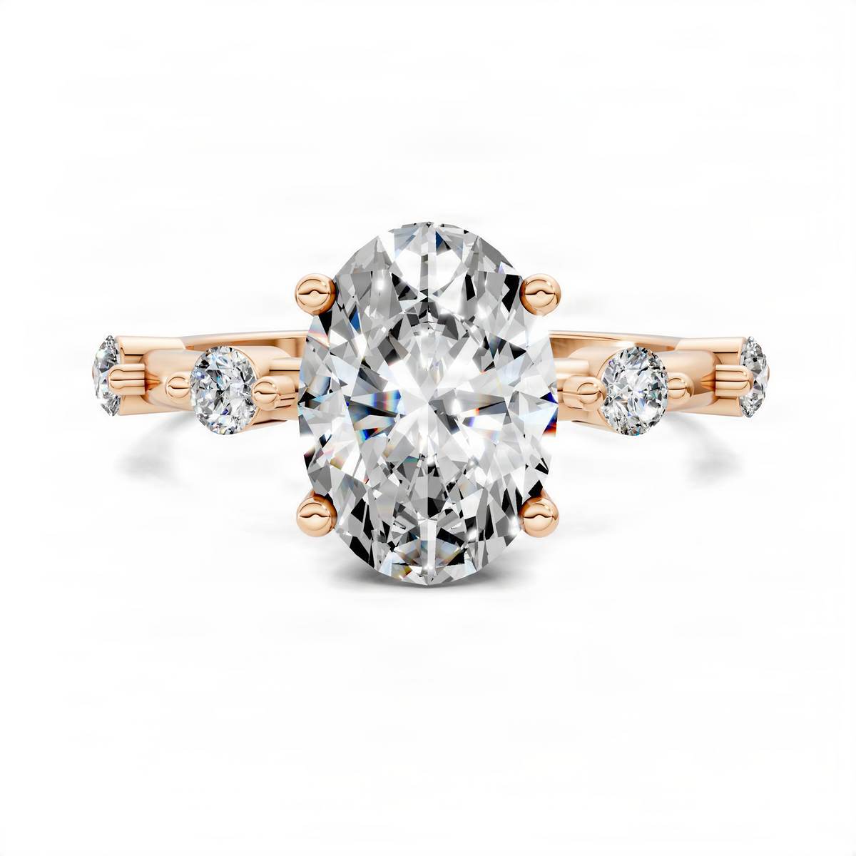 Rose gold round accent ring with large center stone and two side diamond accents