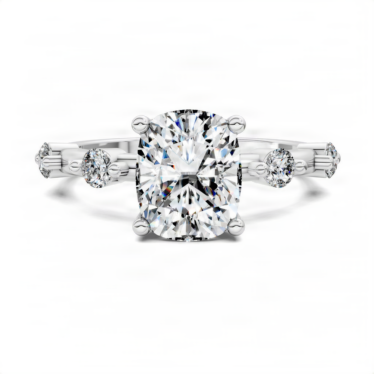 White gold round accent ring with large round center diamond and small side stones
