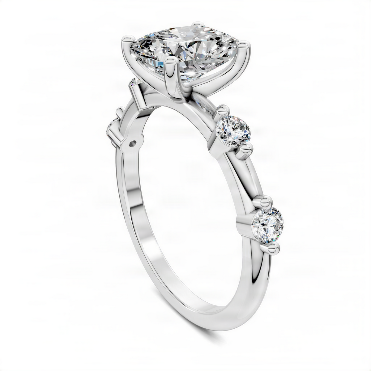 White gold round diamond accent ring with large center stone and two side round stones