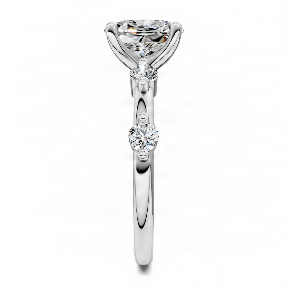 Round diamond accent ring in white gold with three stacked round stones