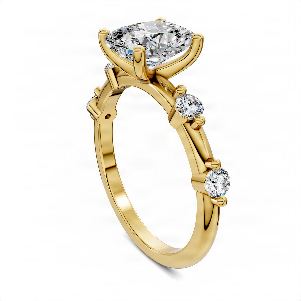 Yellow gold round diamond accent ring with raised oval prongs and side round stones