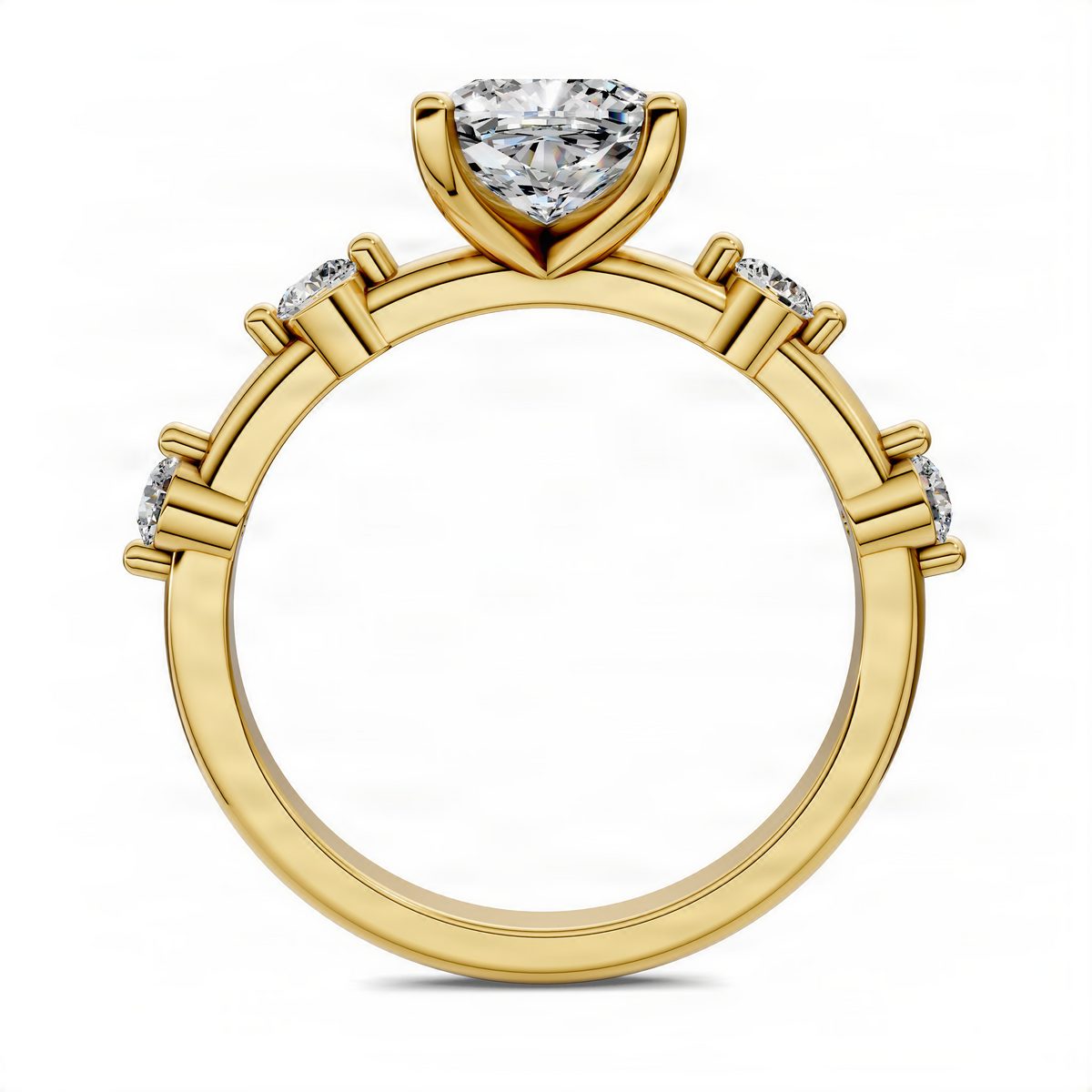 Yellow gold round diamond accent ring, top view with center stone and multiple prongs